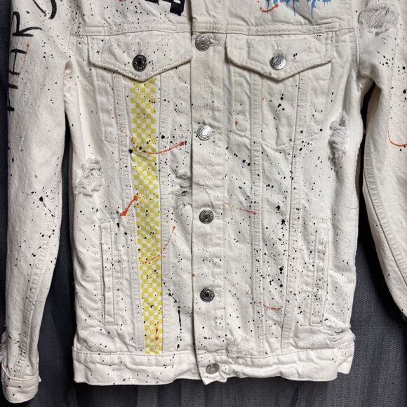 Zara Man Graffiti Paint Splatter Denim Jacket White Streetwear 80s Vibe - Picture 4 of 16